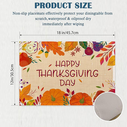 Happy Thanksgiving Day Placemats Set of 4, Linen Place Mats Heat Resistant Non-Slip Washable Table Mats for Dining Kitchen Party Decor 12"x18"
