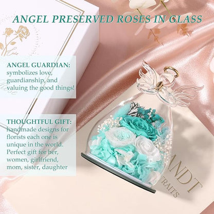 FIACO Gifts for Women Birthday Preserved Rose Forever Flower in Glass Angel Figurines Fresh Flowers for Delivery Prime for Mom Real Roses for Grandma Sister Wife Her from Daughter