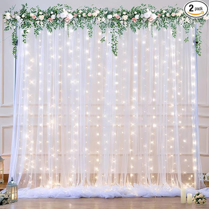 White Tulle Backdrop Curtain with Lights String for Parties Wedding Bridal Shower Sheer White Curtain Backdrop for Birthday Baby Shower Photo Booth Photography Background Decorations 10ft x 8ft