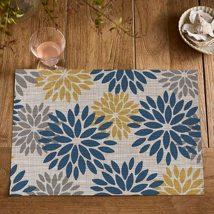 Artoid Mode Floral Vinyl Placemats Set of 4, Heat Resistant Washable Non-Slip Plistic PVC Place Mats for Party Kitchen Dining Decor, Blue Yellow