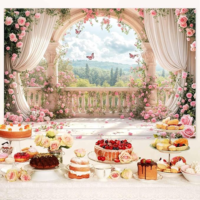 6X4ft Pink Floral Photography Backdrop, Retro Flowers Photography Backdrop Dreamlike Wedding Portrait Photo Background Wedding Birthday Party Background Banner Decor, Pink-1