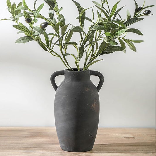 Terracotta Farmhouse Flower Vase, 9.6 Inch Ceramic Rustic Vase with 2 Handles, Decorative Vase Boho Decor for Home Decor, Table, Living Room, Shelf Decoration