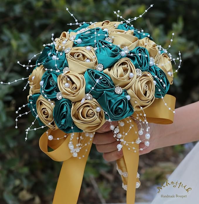 Bridal Wedding Bouquet Round Bling Brooch Bouquet Throw Toss Artificial Rose Flower Bunch for Bride Bridesmaid Wedding Quinceanera(Dark Green & Gold, 7.5")