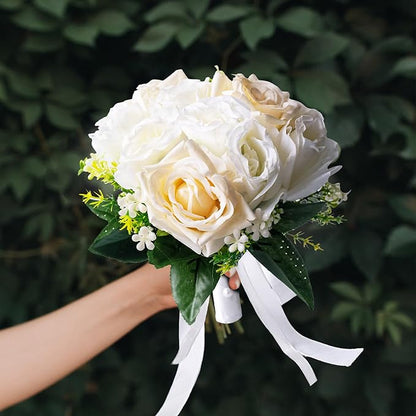 Wedding Bouquets for Bride - Realistic Silk Flowers Artificial Roses, 8 Inch Bridesmaid Bouquet for Ceremony, Church, Anniversary, and Home Decoration (White & Champagne)