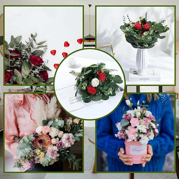 Abzo 90 Pcs 3 Kinds Mixed Eucalyptus Stems Bulk Artificial Eucalyptus Leaves Sprays Faux Oval Eucalyptus Greenery Stems for Wedding Vase DIY Bouquets Bouquet Floral Arrangement Home Decor