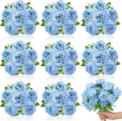 8 Pack Blue Peonies Artificial Flowers, Fake Silk Hydrangea Bouquet for Bridal Wedding Home Table Decor Reusable Dining Opening Ceremony Birthday Arrangement Faux Floral