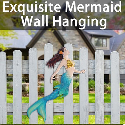John's Studio Metal Mermaid Sea Wall Decor Outdoor Garden Hanging Art Sculptures Home Ocean Theme Decorations for Kitchen Bathroom and Pool - 14.9Inches