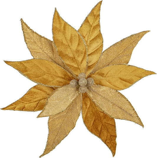 Hollyone 3PCS Poinsettia Christmas Flowers Artificial 11" Large Velvet Gold Glitter Poinsettia Flowers Christmas Tree Ornaments Floral Picks for Tree Wreath Garland Vase Table Centerpiece Home Decor