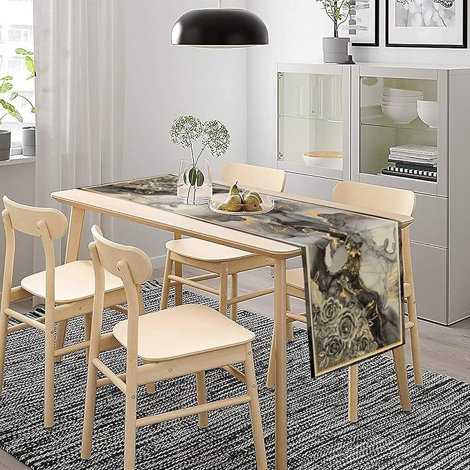 Grey Marble Flower Table Runner, Black Grey Marble Golden Veins Abstract White Natural Texture Floral Dinner Runner Table Decoration for Home Kitchen Dining Holiday Party 13x90in