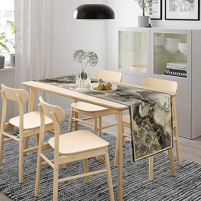 Grey Marble Flower Table Runner, Black Grey Marble Golden Veins Abstract White Natural Texture Floral Dinner Runner Table Decoration for Home Kitchen Dining Holiday Party 13x90in