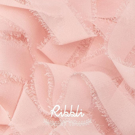 Ribbli Blush Pink Ribbon 1 Inch x 3 Rolls Total 24 Yards Pink Handmade Fringe Chiffon Silk Ribbon for Wrapping Wedding Invitations Bridal Bouquets DIY Crafts Home Decor