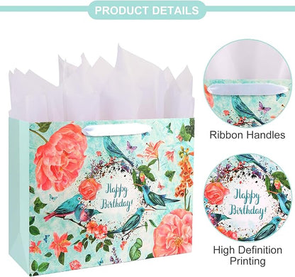 ASYEHJNR 13" Large Size Happy Birthday Gift Bag Teal Happy Birthday Sign with Birds Butterflies Floral Flower Pattern Retro Gift Bag with Greeting Card and Tissue Paper and Handle Ribbon for Girls Women Bday