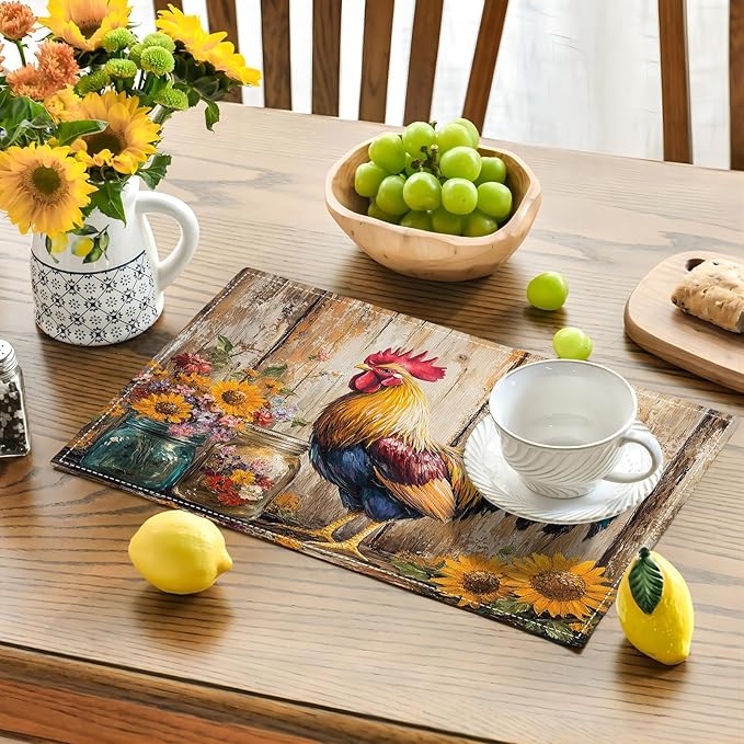 Farmhouse Rooster Placemats Set of 6, Rustic Chicken Place Mats, Sunflower Dining Table Mats, Washable Placemats for Kitchen Dining Room Home Decor 18L'' × 12W''