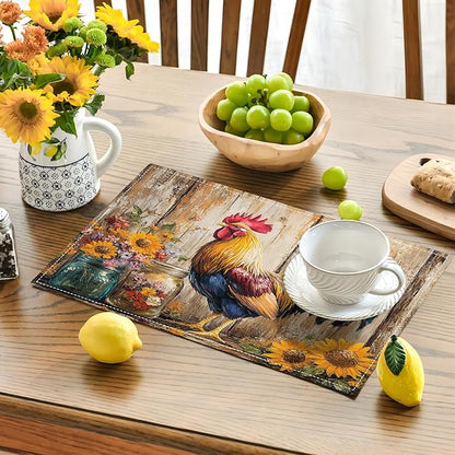 Farmhouse Rooster Placemats Set of 6, Rustic Chicken Place Mats, Sunflower Dining Table Mats, Washable Placemats for Kitchen Dining Room Home Decor 18L'' × 12W''