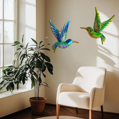 HONGLAND Metal Hummingbird Wall Art 12inch Metal Birds Wall Sculpture Garden Decoration Outdoor Statue Patio Fence Hanging Plaques 2 Pack（Blue-Green）