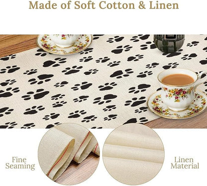 Dog Paws Table Runner,Cartoon Cute Black White Animal Footprints Abstract Tablecloth Burlap for Hotel Indoors Outdoor Dining Room Kitchen Home Decor,W13X L36 in