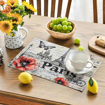 Paris Placemats Set of 6, French Eiffel Tower Place Mats, Poppies Dining Table Mats, Retro Washable Placemats for Kitchen Dining Room Home Decor 18L'' × 12W''