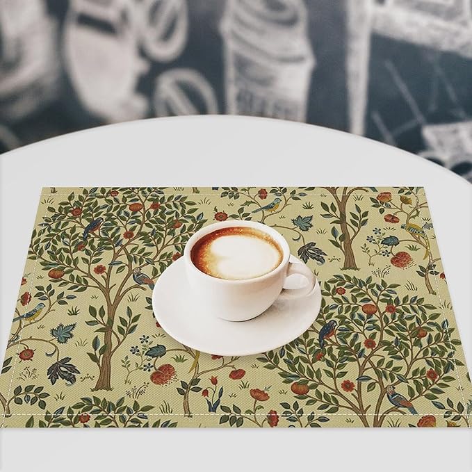 Vintage Trees Placemats Set of 4, William Morris Retro Boho Botanical Plant Birds Place Mats, Heat Resistant Non Slip Cotton Linen Dining Table Mats for Home Kitchen Party 18x12 Inch