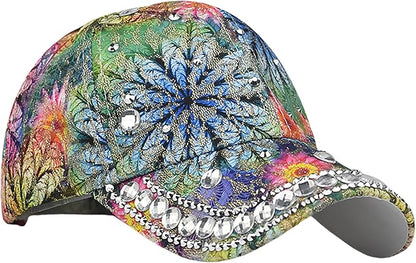 Bling Baseball Caps for Women, Rhinestone Summer Flower Baseball Hat, Adjustable Spring Fall Denim Sequin Jean Hat