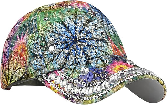 Bling Baseball Caps for Women, Rhinestone Summer Flower Baseball Hat, Adjustable Spring Fall Denim Sequin Jean Hat
