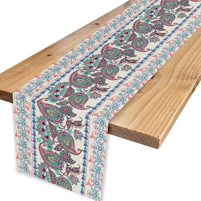 Vintage Paisley Table Runner, Rustic Pink White Paisley Floral Retro Boho Art Table Center Decor for Family Kitchen Farmhouse Holiday Party Table Decorations Indoor Outdoor 13x36 inch