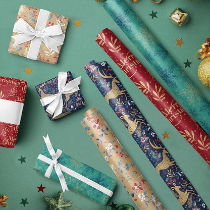 RUSPEPA Christmas Kraft Wrapping Paper - Reindeer, Berry Leaf and Text Design - 4 Rolls - 30 inches x 10 feet per Roll