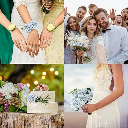 100Pcs Powder Blue Artificial Flowers Realistic Roses, Real Looking Fake Roses with Stem for DIY Wedding Bouquets Centerpieces Bridal Shower Party Home Romantic Decorations (Powder Blue, 100pcs)