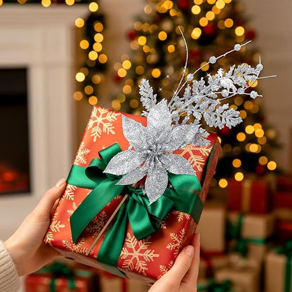18 Pack 3 Styles 17 Inch Christmas Glitter Poinsettia Berry Stems Ornaments Artificial Floral Branches Picks for Christmas Tree Home Vase Holiday Party Decor(Silver)