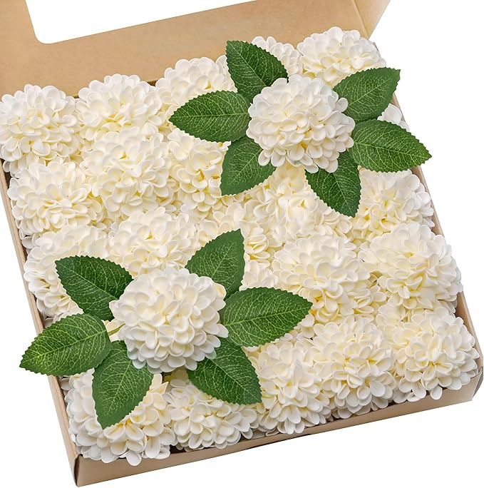 Artificial Flowers, 100pcs Realistic Artificial Rose for DIY Wedding Bouquets Centerpieces Arrangements, Cream Dahlia Flowers with Stem for Bridal Shower Party Home Decorations
