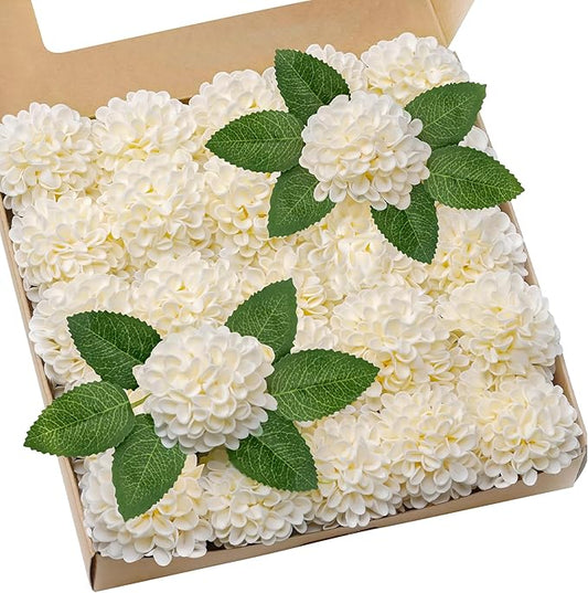 Artificial Flowers, 25pcs Realistic Artificial Rose for DIY Wedding Bouquets Centerpieces Arrangements, Cream Dahlia Flowers with Stem for Bridal Shower Party Home Decorations