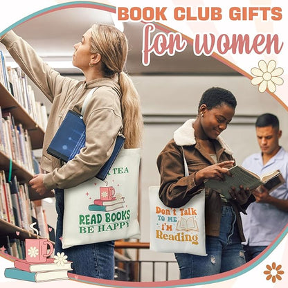 Sweetude 8 Pcs Christmas Book Lovers Club Gifts Bulk Canvas Tote Bags Bookish Librarian Reader Gift for Women Teacher Present(Retro)