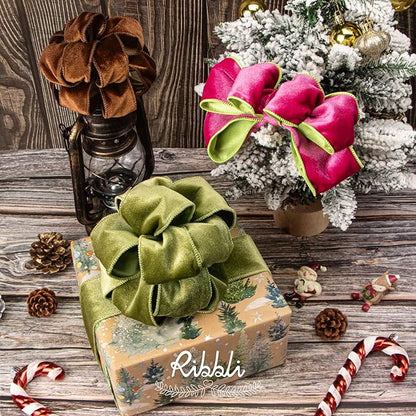 Ribbli Brown Velvet Wired Ribbon 2.5 Inch Velvet with Satin Christmas Ribbon for Gift Wrapping Christmas Tree Decoration Crafts Wreaths Supplies-Continuous 10 Yards