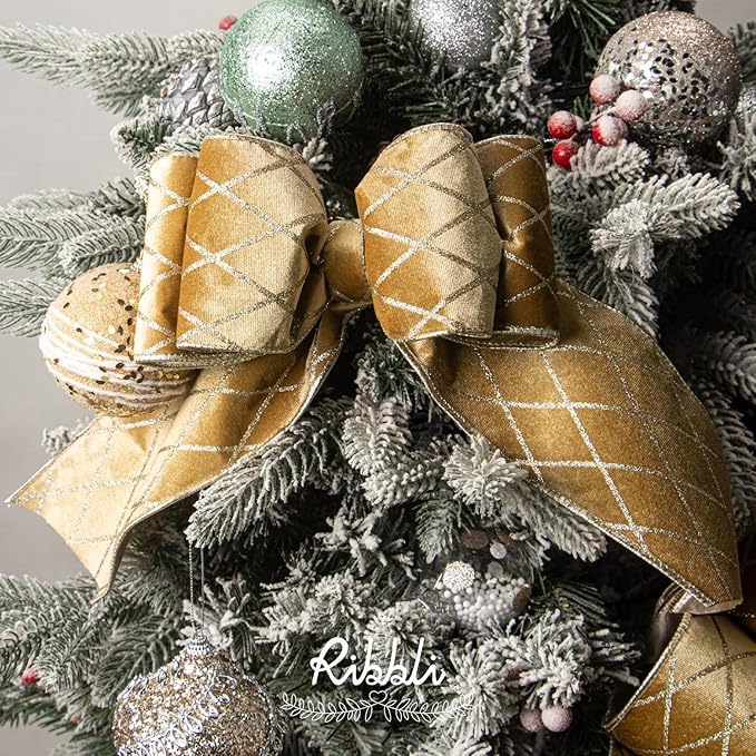 Ribbli Champagne Gold Velvet Ribbon Wired with Glitter Diamond Grid 4 Inch Christmas Ribbon for Christmas Tree Decoration Big Bow Gift Wrapping Crafts Wreaths Garland Supplies - 10 Yards