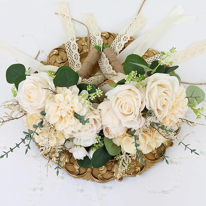 Set of 2 Bridesmaid Bouquets for Wedding, 9 Inch Boho Bridesmaid Flowers for Ceremony Anniversary Centerpieces Decorations, Artificial Rose Bouquets Vintage - Beige