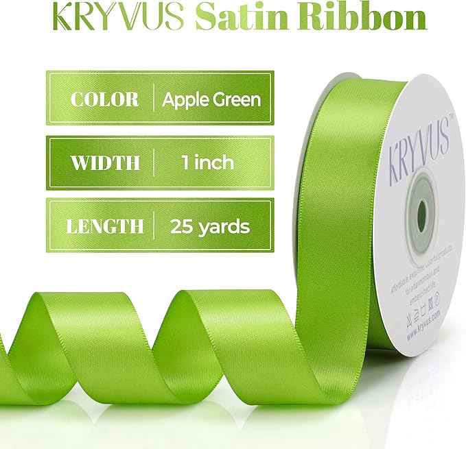 Apple Green Satin Ribbon, Double Faced 1 Inch X 25 Yards Apple Green Ribbon, Premium Satin Ribbon for Gift Wrapping, Crafts, Hair Bow Making, Sewing, Flower Bouquet, Wedding Party Decor