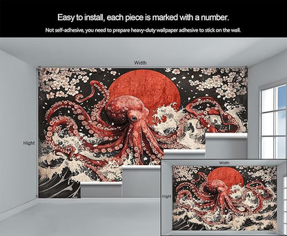 Japanese Wave Octopus Wall Mural, Japanese Traditional 3D Wall Murals, Ocean and Octopus Wallpaper Mural, for Living Room Bedroom Large Wallpaper Indoor Decor 78.7" W x55.1 H