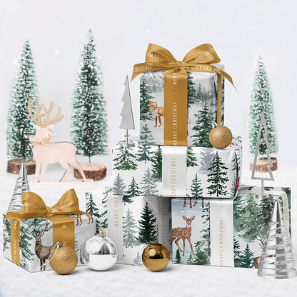 WRAPAHOLIC Kraft Christmas Wrapping Paper Roll - Mini Roll - 3 Rolls - 17 Inch x 120 Inch Per Roll - Watercolor Elk, Wild Animal and Winter Forest Landscape Holiday Collection