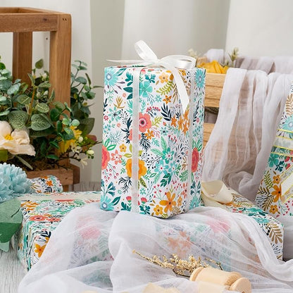 MAYPLUSS Floral Wrapping Paper Roll - 17Inch x 16.5Feet - Garden Boho Flower Gift Wrap Paper Spring Summer Blooms Paper for Wedding, Bridal Shower, Birthday and Engagement