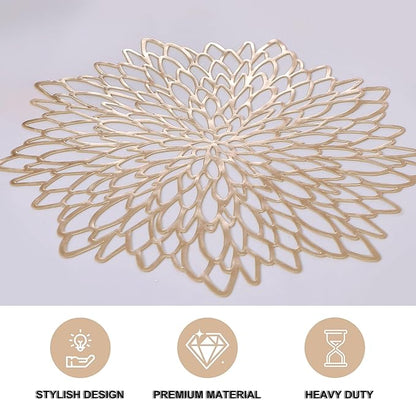 Snowkingdom Pack of 8 Gold Metallic Round Placemats Bulk Round Pressed Vinyl Leaf Dinning Kitchen Table Mats Decoration for Christmas Wedding Thanksgiving Party