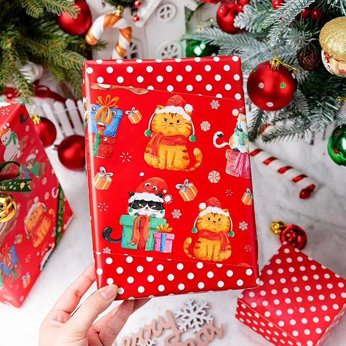 MAYPLUSS Christmas Wrapping Paper Roll - 17 Inch X 33 Feet - Cute Cat Christmas Hat Reversible Polka Dot Gift Wrapping Paper, Thick Wrap Paper for Holiday Party New Year Kids