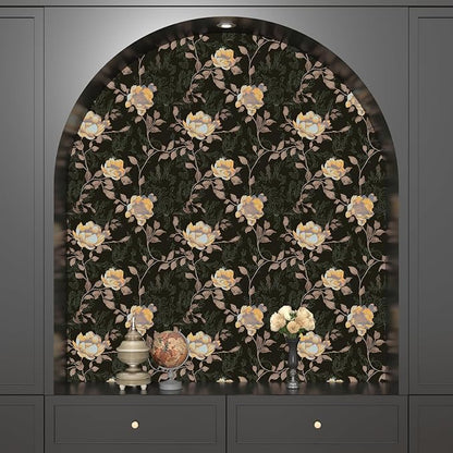 Black Orange Floral Peel and Stick Wallpaper Flowers Contact Paper 17.5"x118" Self Adhesive Waterproof Vintage Dark Floral Wall Paper for Shelf Liner Cabinet Decor