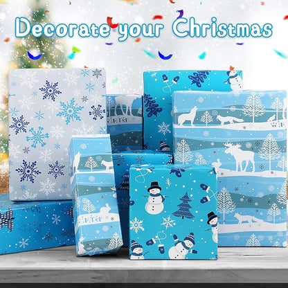 Boy Christmas Wrapping Paper Folded Sheets,Blue White Winter Xmas Wrapping Paper Christmas Paper Set for Boys Teen Men Kids Children,Papel de Regalo Navidad 4 Style Snowflake Deer Snoman Gift Wrap Holiday Gift Wrapper Paper with Gift Tag Ribbion for Ne...