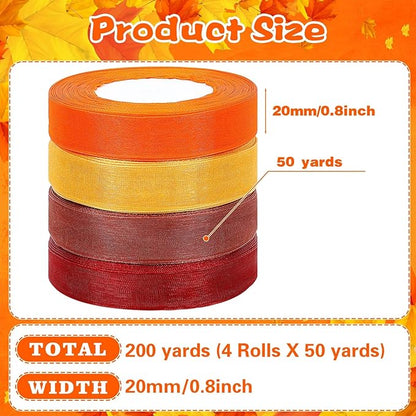DECYOOL 4 Rolls 200 Yards Fall Organza Ribbons for Gift Wrapping, 4/5" Wide Thanksgiving Autumn Sheer Chiffon Ribbon for Wreath Bows Bouquet DIY Crafts and Party Home Decoration