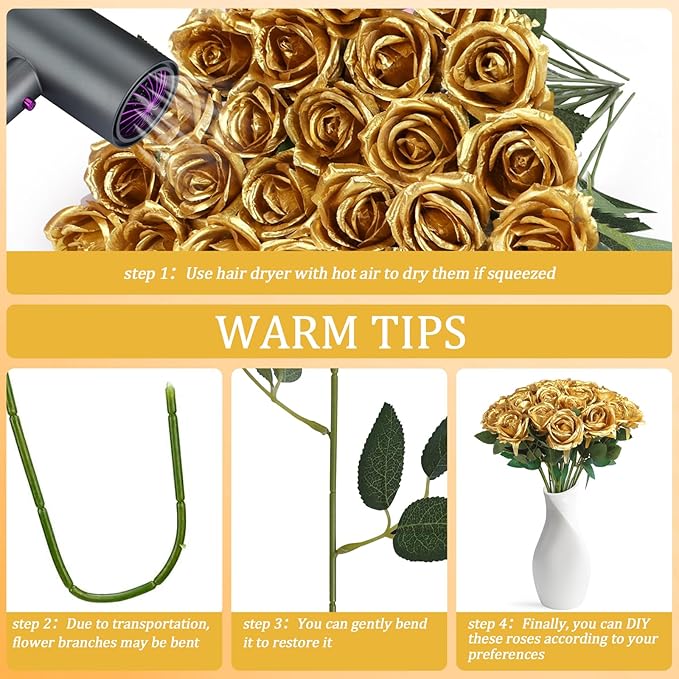 30pcs Fake Roses Artificial Silk Flowers Long Stems Bouquet for Wedding Bridal Shower Party Home Decoration (Gold)