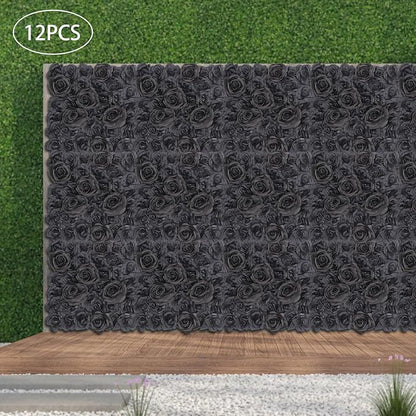 Flower Wall Panel Set,Black Artificial Wall Flower Backdrop,12 Pcs 14.96" X 14.96" 3D Silk Hydrangea Rose Floral Panel,Faux Roses Artificial Flower Backdrop for Wall Decor (12PCS Black4)