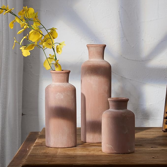 LUKA Ceramic Rustic Farmhouse Vase,Terracotta Vases for Decor,Vase Set of 3,Vases for Your Bedroom,Office,Living Room,Fireplace,Bookshelf Decor,Housewarming 10+7.5+5 Inch