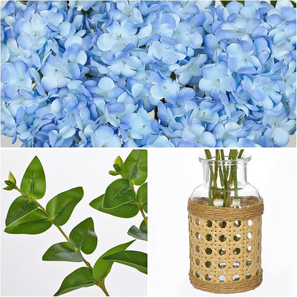 Hollyone Blue Hydrangea Artificial Flowers in Woven Glass Vase with Faux Water Silk Hydrangeas Fake Flowers Floral Arrangement for Home Indoor Bathroom Kitchen Office Table Centerpiece Shelf Decor