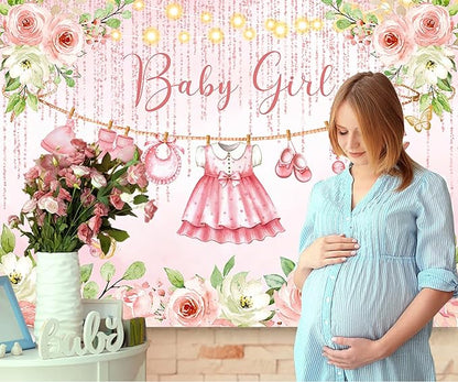 InMemory Girl Baby Shower Backdrop Pink Floral Baby Shower Decorations,Glitter Rose Gold Newborn Clothes Photography Background It's a Sweet Baby Girls Shower Party Banner Photo Booth Supplies 8x6ft