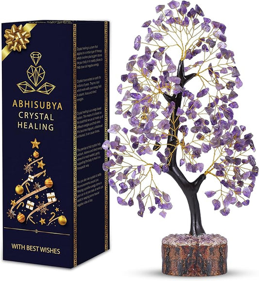 Amethyst Crystal Tree, Healing Crystals, Reiki Gemstone, Tree Life, Wood Base Office Desk Room Feng Shui Home Decor Spiritual Energy Meditation Gift for Women Men, Purple Crystals and Stones Tree