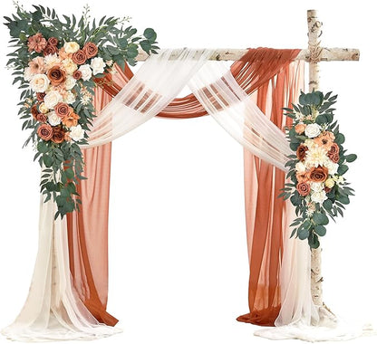 Ting's time Artificial Wedding Arch Flowers Kit(Pack of 4) - 2pcs Large Artificial Flower Swag with 2pcs Draping Fabric for Wedding Party Ceremony Decoration(Terracotta& Cream White)